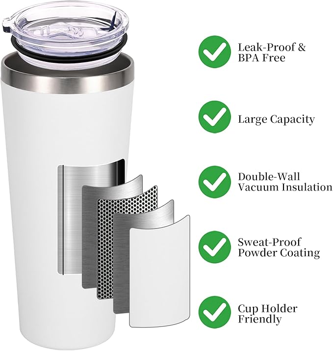 NESTALLY Coast 20oz Stainless Steel Tumbler,Extra Capacity Holds Up to 22oz, Double Wall Vacuum Insulated Travel Coffee Mug with Lid & Metal Straw, Leakproof Reusable Cup for Travel (Soft White)