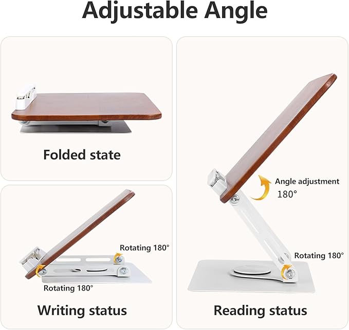 360° Rotating Book Stand for Reading, Adjustable Foldable Book Holder for Reading, Cooking, Office, Compatible with Cookbooks, Textbooks, Tablets, Sheet Music, and Laptops (White Wood Grain)