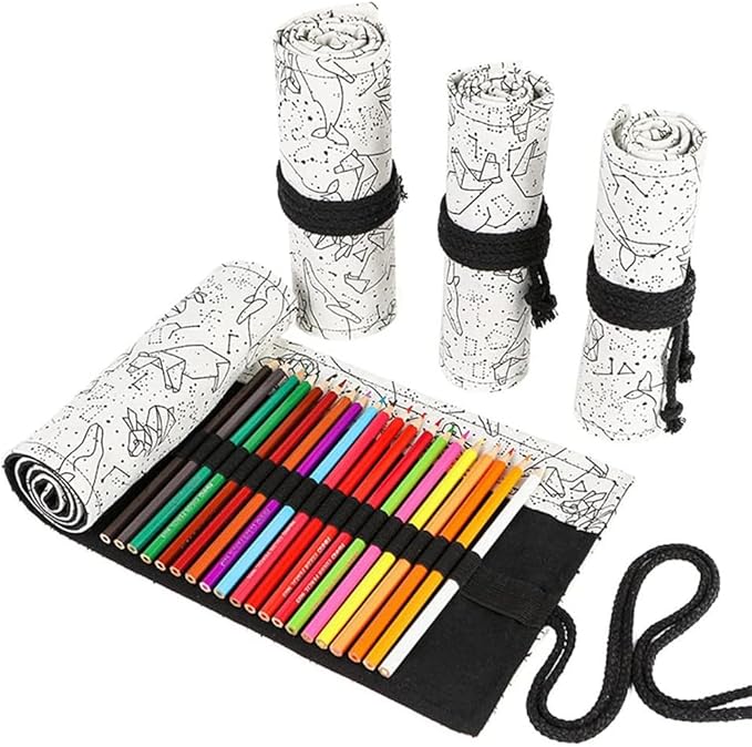 DIYOMR 12/24/36/72 Slots Pencil Wrap Pencil Rolls, Artist Colored Pencil Roll Up Bag Short Brush Pouch Organizer for Drawing Coloring and Sketching, No Pencils (White Starry Sky, 12slots)