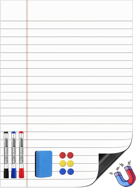 Magnetic Notebook Paper for Classroom: 17"x24" Dry Erase Handwriting Lined Poster for Whiteboard - Write and Wipe Giant Writing Lines White Board Accessories with Markers, Magnets, Eraser