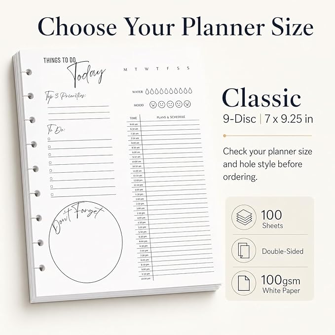 Classic 9-Disc Daily Planner Inserts, Discbound Undated Planner Refill Pages with To Do List, Hourly Schedule & Reminders, 100 Double-Sided Sheets, 100gsm White Paper, 7 x 9.25 in