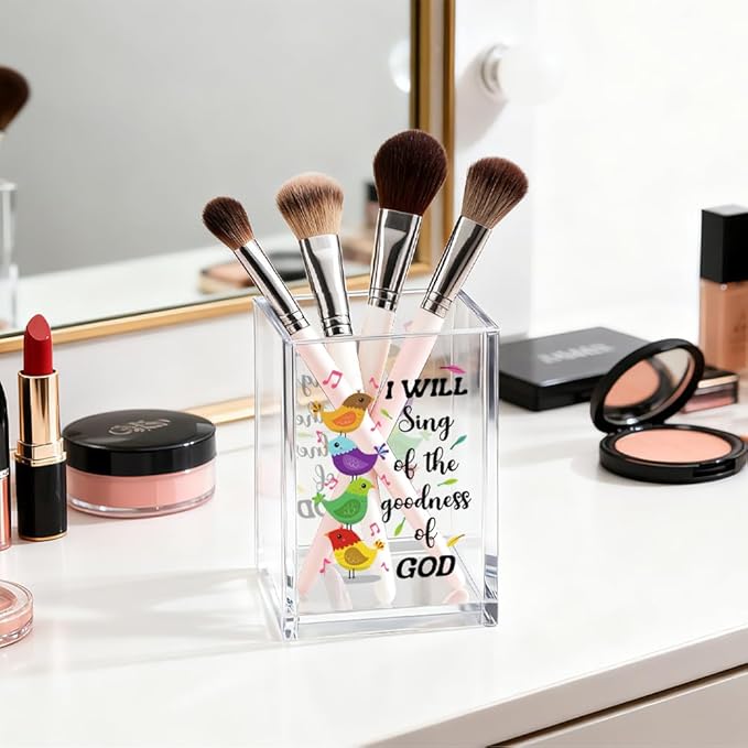 I Will Sing Of The Goodness Of God Pen Holder Makeup Organizer, Funny Bird Christian Pencil Pen Holder for Desk, Musical Notes Desk Accessories Bible Verse Pencil Cup, Religious Gifts Organizer