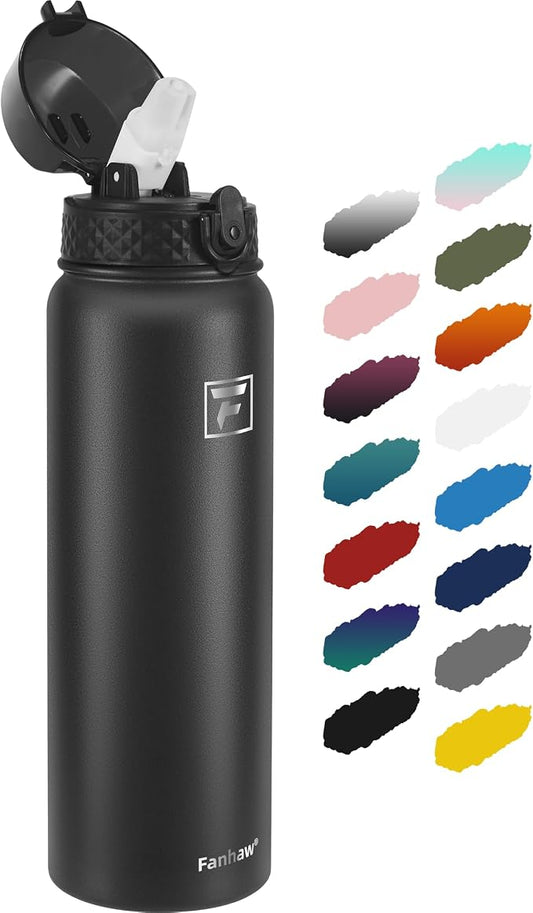 Fanhaw 40 Oz Insulated Stainless Steel Water Bottle with Straw Lid, Leakproof Extra-Large Sports Bottle for Men & Women (Black)