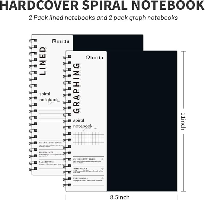 Black Spiral Notebook 8.5" x 11"-4 Pack Graph&Lined Hardcover notebooks