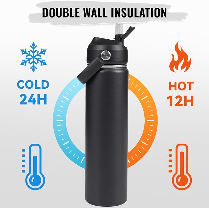 Fijinhom 24oz Insulated Stainless Steel Water Bottle, Wide Mouth Double Wall Vacuum, Silicone Straw, Sweat & Leak Proof, BPA Free Insulated Water Flask for Travel, Keep Cold 24h Hot 12h, Black
