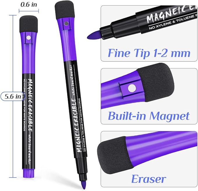 Magnetic Dry Erase Markers Fine Point Tip, 12 Count Colorful White Board Markers Dry Erase Marker with Eraser Cap, Low Odor Thin Marking for Teachers, Calendar Boards, Office, School Supplies