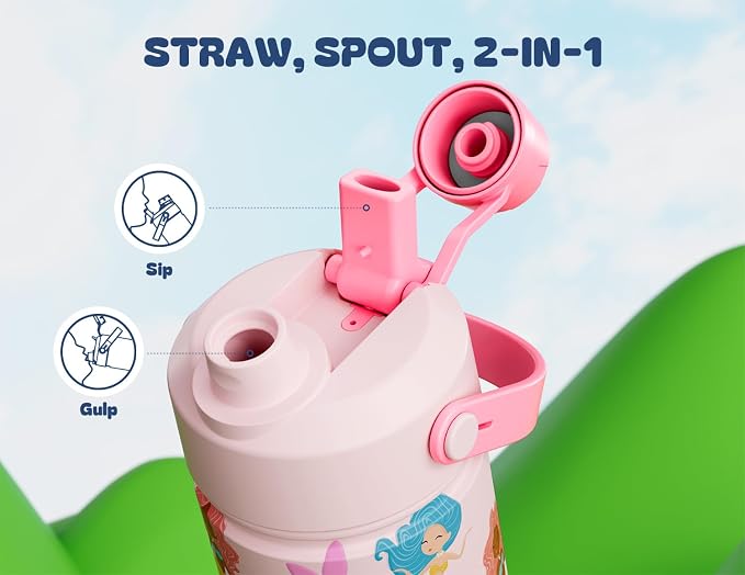 12 oz Kids Insulated Water Bottle for School: 2-in-1 Straw Spout Lid, Leakproof, Keep Cold 24H, Reusable Stainless Steel Water Bottle with Straw, Birthday Gift for Girls Daughters (Mermaid Friends)