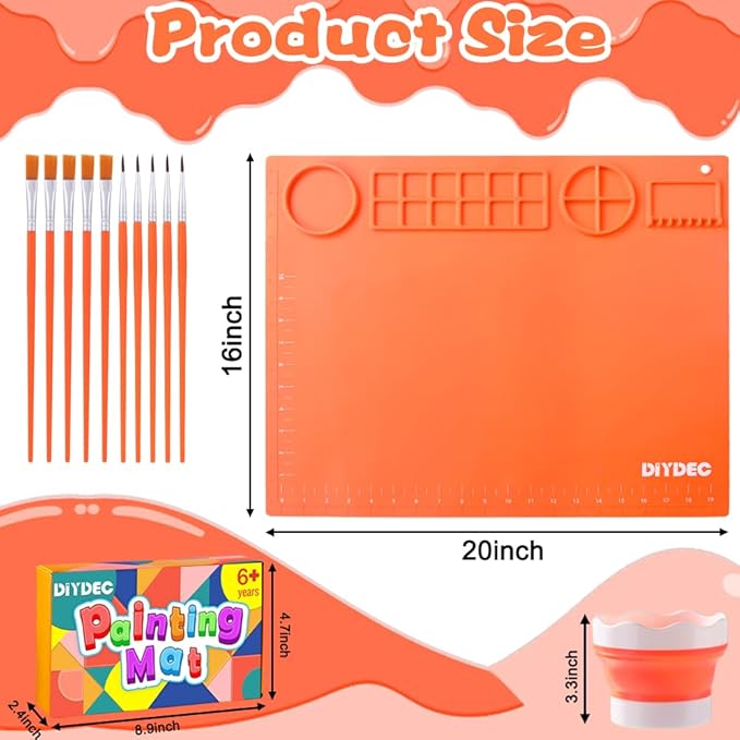 DIYDEC Silicone Craft Mat for Kids 20X16 Inch Large Painting Mat with Detachable Cup &10 Painting Brushes Silicone Art Mat for Boy Girl DIY Gift Accessories (Orange)