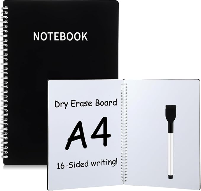 Feifeiya White Board Dry Erase Notebook A4 Size White Board Dry Erase Environmentally Portable Reusable Notebook for Study, Meeting, Planning, Black