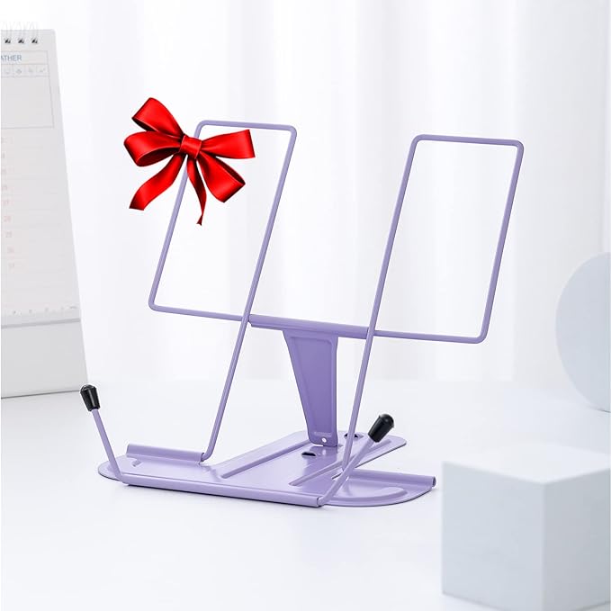 MSDADA Metal Book Stand for Desk, Adjustable Reading Rest Book Holder, Portable Cookbook Documents Holder, Sturdy Typing Stand for Recipes Textbooks Tablet Music Books with Page Clips (Purple)