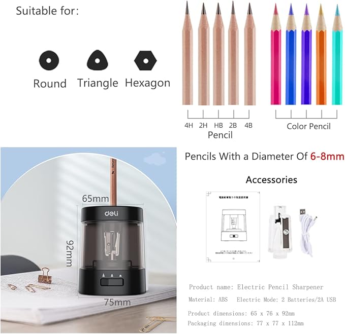 Electric Pencil Sharpener,5000 Times for Blade,Interchangeable Blade,3 Years Warranty,Battery/2A USB Powered,Suitable for 6-8mm,Extra Free Blades, for Home, Office, School (Black)