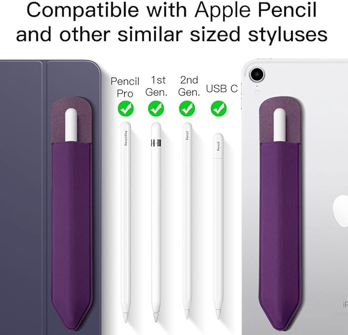 MoKo Pencil Holder Sticker Fit Apple Pencil Pro, Apple Pencil (USB-C), iPencil 1st/2nd Generation, Elastic Pencil Pocket Pouch Adhesive Sleeve Attached to iPad Case for Stylus Pens, Deep Purple