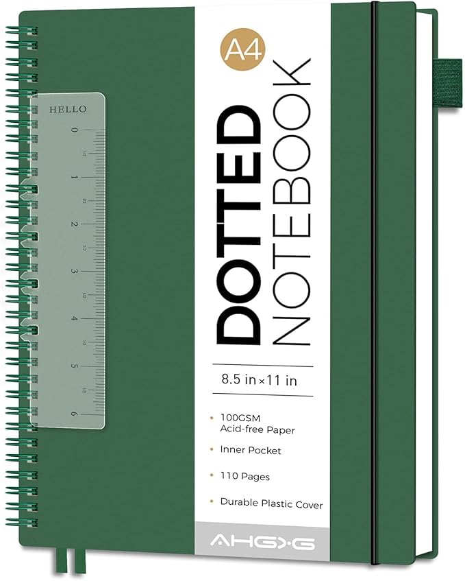 AHGXG Dotted Journal - Dot Grid Spiral Notebook 8.5" x 11", A4 Large Dotted Notebook, 100 GSM Thick Paper, Waterproof Plastic Cover Journals for Journaling, Sketching, Dark Green