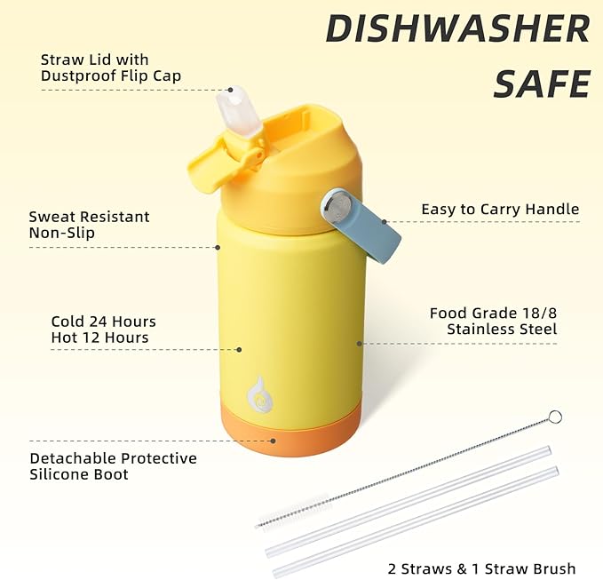 BJPKPK Insulated Water Bottle with Straw Lid, 12oz Thermo Water Bottles with Soft Nozzle, Flex Handle & Non-slip Boot, BPA Free Leak Proof Stainless Steel Metal Thermo, Tumblers, Cups,Yellow