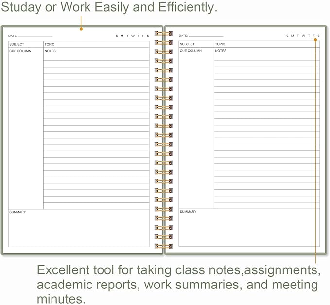 Yaridar A5 Cornell Notes Notebook - College Spiral Cornell Notebooks for Note Taking, Subject College Ruled Steno Pads for Office/School/Home, 5.8" x 8.5", Green
