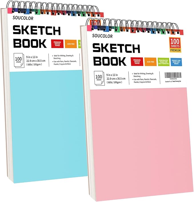 Soucolor Art Supplies Sketching Kit with 100 Sheets 2 Pack Sketchbook, Girl Gifts, Arts and Crafts for Kids Ages 8-12, School Supplies 9x12 Sketch Book Gifts for Kids Teens（Blue and Pink ）