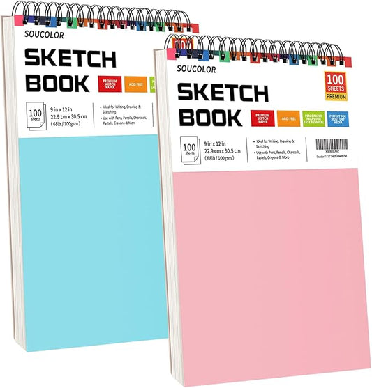Soucolor Art Supplies Sketching Kit with 100 Sheets 2 Pack Sketchbook, Girl Gifts, Arts and Crafts for Kids Ages 8-12, School Supplies 9x12 Sketch Book Gifts for Kids Teens（Blue and Pink ）