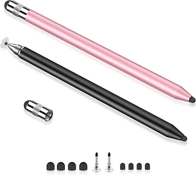 MEKO 3 in 1 Stylus Pens for Touch Screens, High Sensitivity & Precision Capacitive Stylus for Apple iPad iPhone Tablets Samsung Galaxy All Universal Touchscreen Devices (2 Pack-Black/Rose Gold)