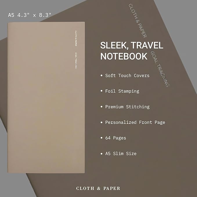 Cloth & Paper Travel Notebook | Goal Tracker – Ibiza | A5 Slim Goal Planner Notebook 4.3" x 8.3" | Goal Tracker for Planning, Progress Tracking, Productivity & Personal Goals – Soft Touch Cover