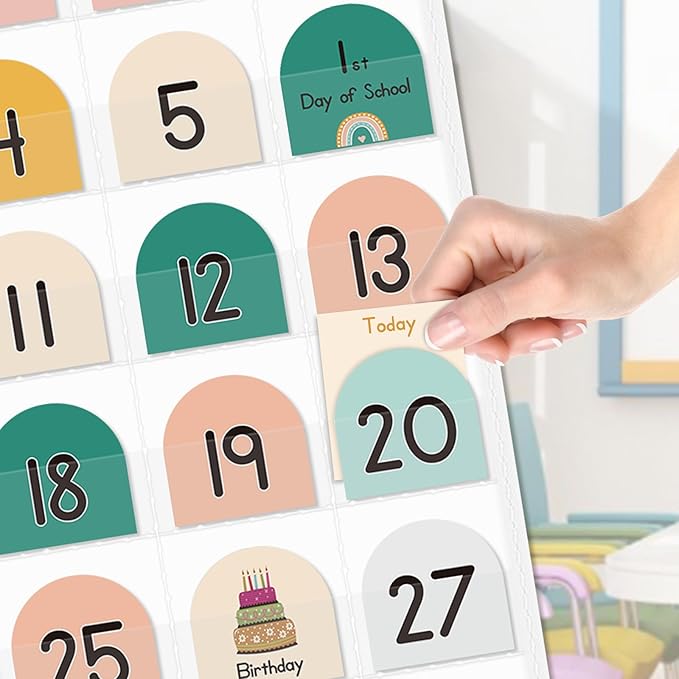Eamay Boho Calendar Pocket Chart with 90 Cards for Kids Learning,Classroom and Home School Décor,White
