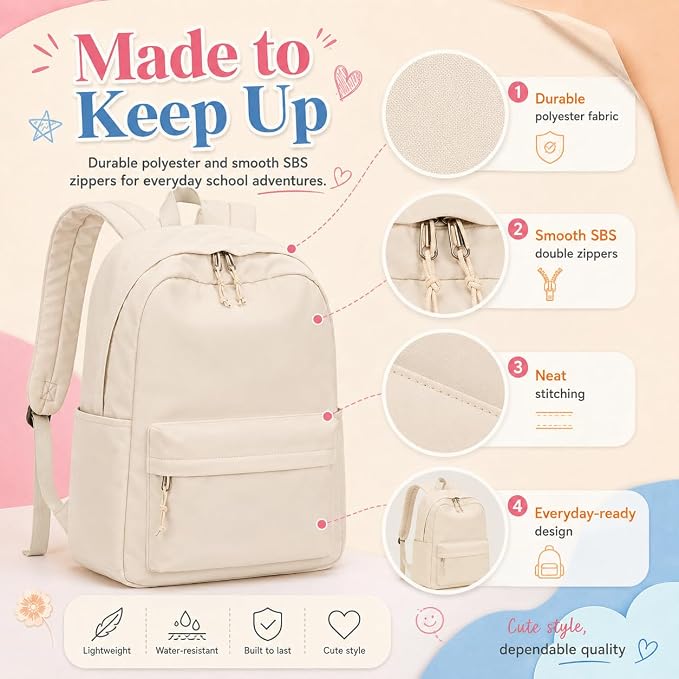 LOIDOU Backpack for Girls School Backpacks Bookbags for Elementary Middle School Women Laptop Backpacks (Pure Beige, L-17)