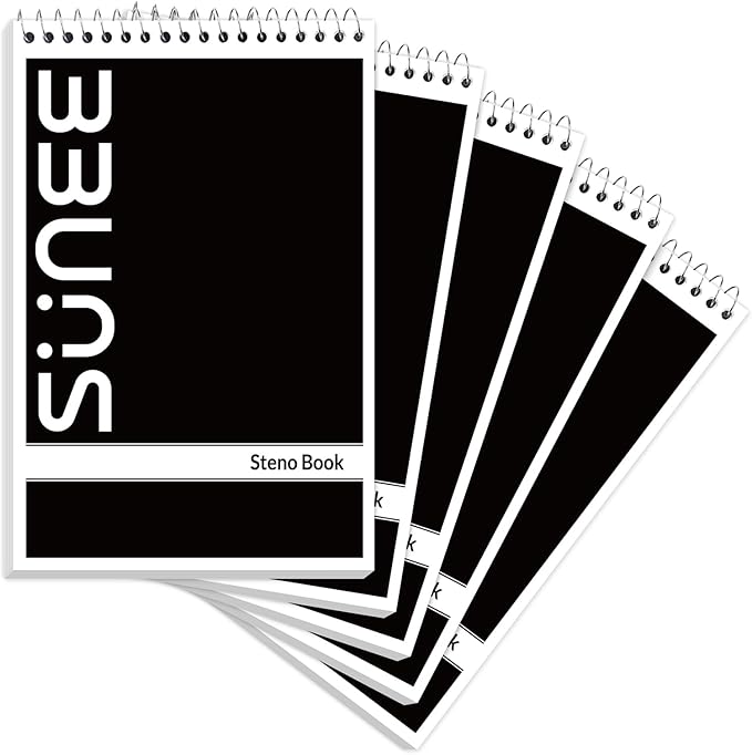 SUNEE 5 Pack Steno Pads 6x9, Gregg Rule, 60 Sheets, Spiral Notebook 6x9, White Paper, Take Notes with Top Spiral Notebook, for School, University, College, Work, Office, Black