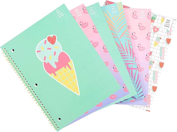 Yoobi College Ruled 8 x 10.5” Spiral Notebook Set – Bulk 6-Pack of 1 Subject Notebooks, Variety of Cute Designs – 100 Perforated 3-Hole Punched Sheets, For School, Office & Home