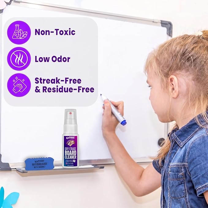 EXTRIC Fine Point Dry Erase Markers (5 Colors) – Thin Dry Erase Markers for Precise Writing Non-Toxic Whiteboard Marker Set + Magnetic Eraser & Cleaner Spray – Low Odor, No Ghosting Whiteboard Kit
