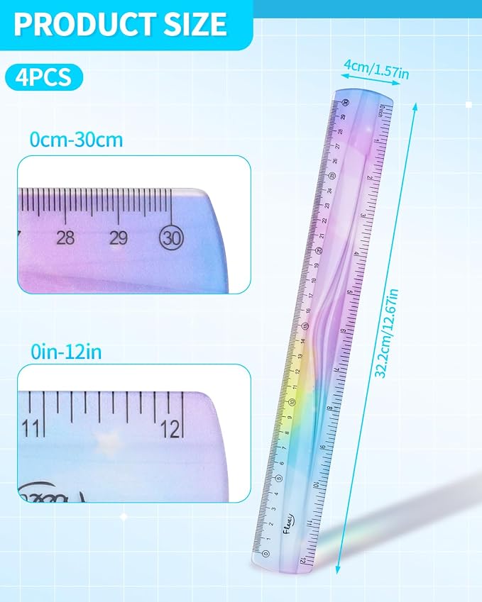 4 Pcs 12 Inch Flexible Ruler, Bendable Plastic Ruler, Gradient-Colored Flexible Rulers with Centimeters and Inches for Students, School, Classroom and Office Use