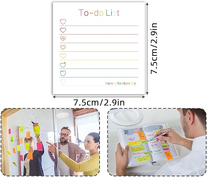 Cute Rainbow Heart 4 Pads/200 Sheets 3x3 Sticky Notes Set, Adorable Cartoon Memo Pads with High-Adhesive, Post Reusable Tearable it Notes for Journal Planners Office School Home, Bulk Stationery Gift