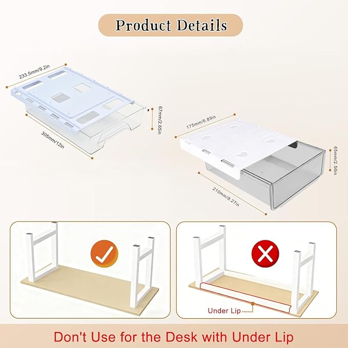 2 Pack Under Desk Drawer Organizer, Self Adhesive Hidden Drawer Storage, Slide Out Desk Organizer, Space Saving Pencil & Accessories Organizer, Under Table Storage for Home Office & School, Clear