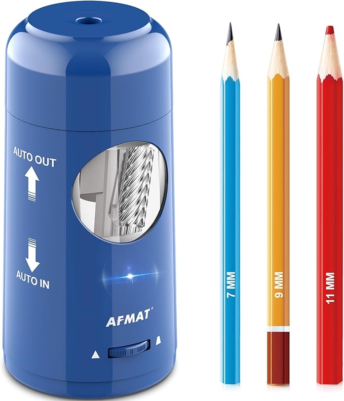 AFMAT Electric Pencil Sharpener, Rechargeable Fully Automatic Pencil Sharpener for Jumbo & Colored Pencils (7-11.5mm), Auto in/Out, Hands-Free, Portable for Home/Classroom/Office PSX6(Blue)