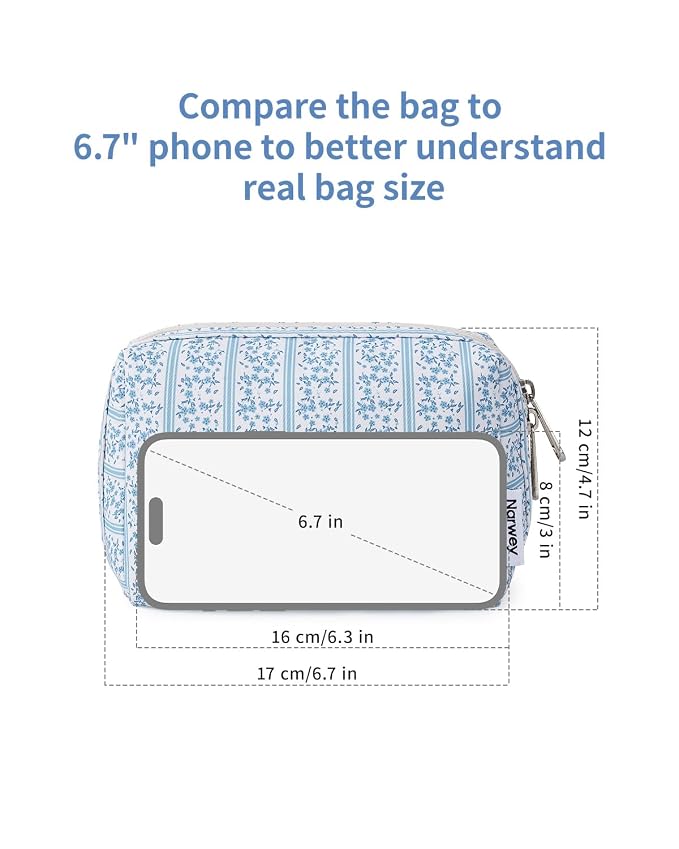Narwey Small Cute Floral Makeup Bag for Purse Mini Cosmetic Bag Travel Makeup Pouch Zipper Pouch Cute Make up Bags with Compartments for Women Girls (Blue Flower Buds, Small)