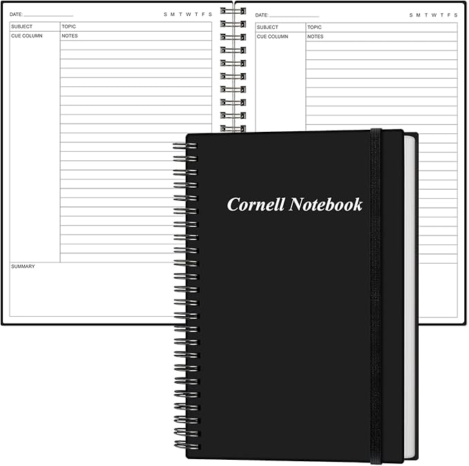 Yaridar A5 Cornell Notes Notebook - College Spiral Cornell Notebooks for Note Taking, Subject College Ruled Steno Pads for Office/School/Home, 5.8" x 8.5", Black