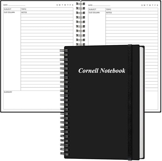 Yaridar A5 Cornell Notes Notebook - College Spiral Cornell Notebooks for Note Taking, Subject College Ruled Steno Pads for Office/School/Home, 5.8" x 8.5", Black