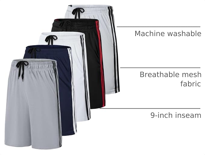 Real Essentials 5 Pack: Boys' Mesh Basketball Athletic Shorts with Pockets – Teen Kids Youth Quick Dry Soccer Running Gym