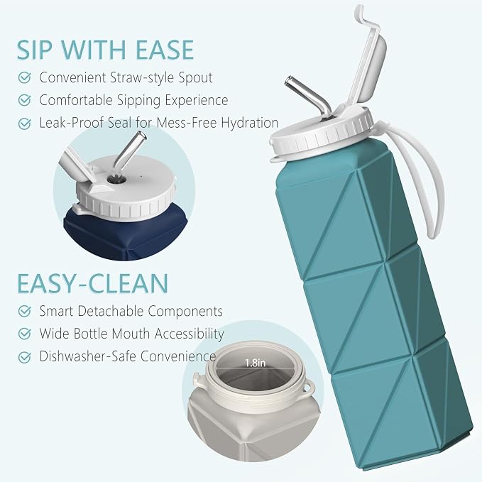 BEAUTAIL Collapsible Water Bottles with Straw 21 oz, Travel Water Bottle | BPA Free, Leakproof & Reusable, Silicone Foldable Water Bottle for Traveling, Hiking, School, Sports, Outdoor, 1-Pack, Blue