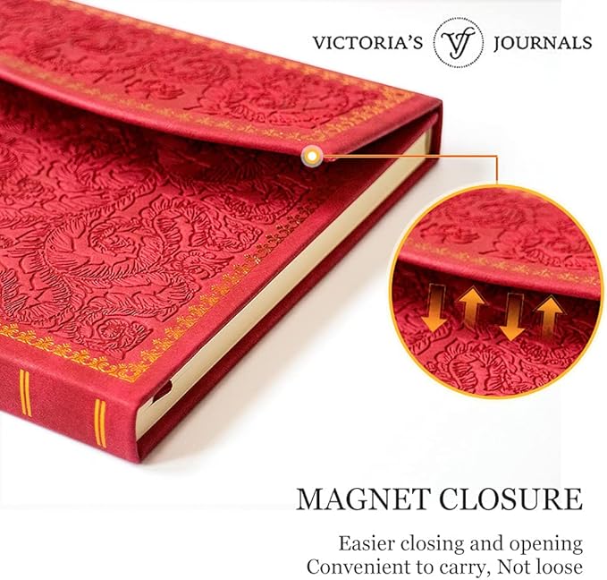 VICTORIA'S JOURNALS Magnet Journal, Carving Vintage Notebook Faux Leather Hard Cover Personal Diary Lined Pages Ribbon Bookmark, 8'' x 5.7''