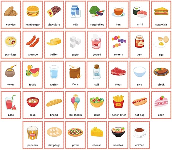 Lachilly Foods English Words Learning Flashcards, High Frequency Words, Beginning Reading, Kindergarten to 1st Grade, ESL Teaching Materials, Autism Learning Materials, Vocabulary Building, 20 Cards,