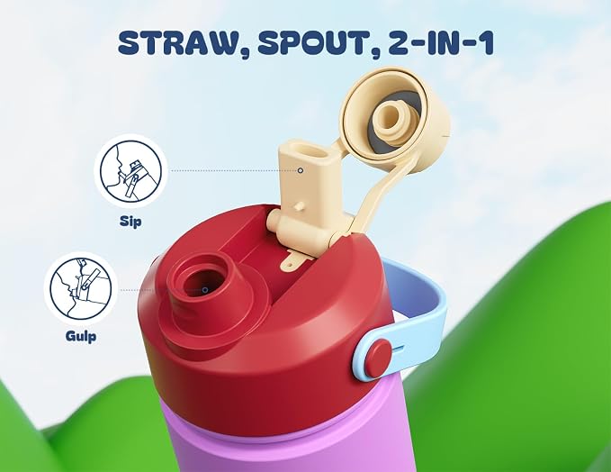 12 oz Kids Water Bottle for School: 2-in-1 Straw Spout Lid, Leakproof, Keep 24H Cold, Car Cupholder Friendly, BPA-Free, Easy Carry, Insulated Stainless Steel Cup, Gift for Boys Girls (Berry Hug)