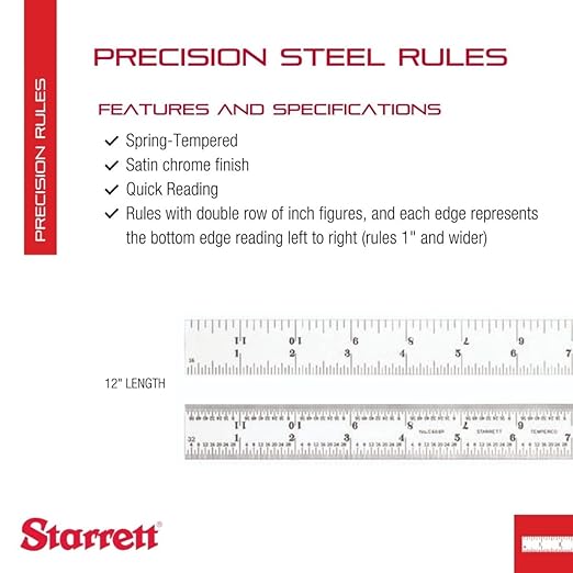 Starrett Spring Tempered Steel Rule with Satin Chrome Finish, Quick Reading, and Inch Graduation - 12" Length, 4R Graduation Type, 3/64" Thickness - C604R-12