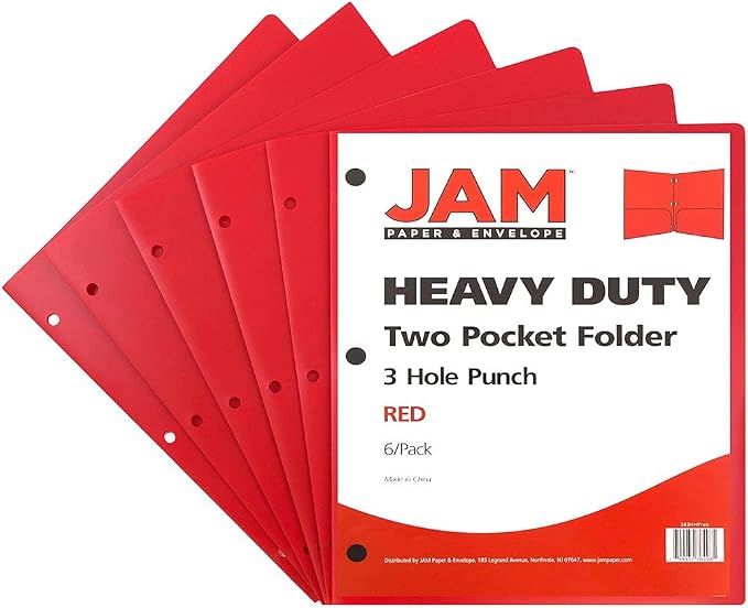 JAM PAPER Heavy Duty Plastic 3 Hole Punch Pocket Folders - Extra Tough School Folders - Red - 6/Pack