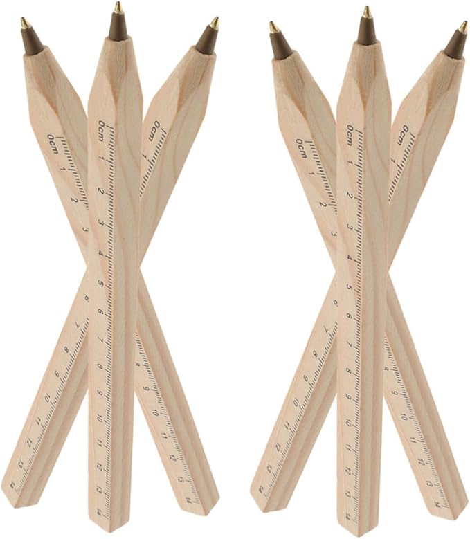 Natural Biodegradable Solid Wood Ballpoint Pens 6pcs Black Ink Carpenter Drafting Pens with Printed Ruler for Office and Woodwork Use