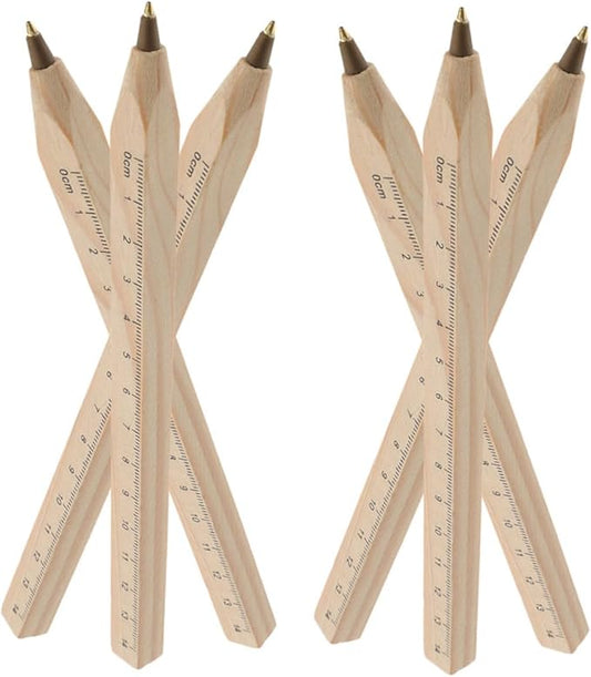 Natural Biodegradable Solid Wood Ballpoint Pens 6pcs Black Ink Carpenter Drafting Pens with Printed Ruler for Office and Woodwork Use
