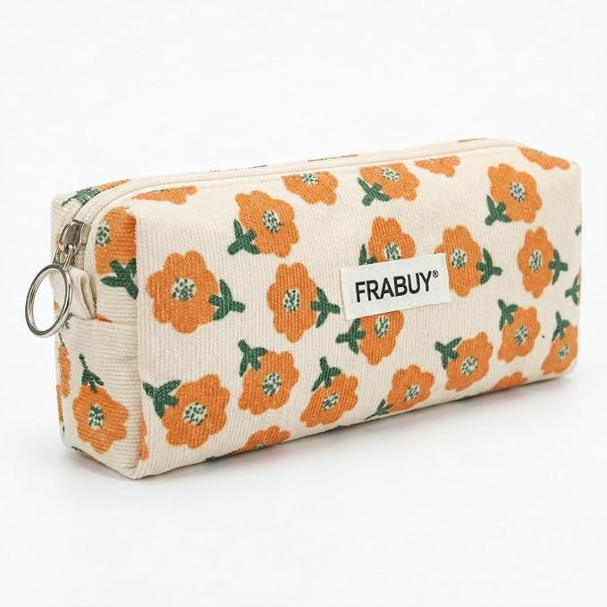 Soft Corduroy Pencil Case Pen Pouch Organizer, Small Stationery Bag | Cute beige plum blossoms pencil pouch, smooth zipper, daily cosmetics holder, compact organizer for school teen girls, women