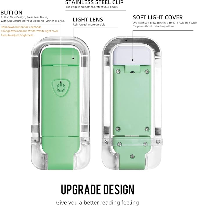 EGWASER Portable USB Rechargeable LED Clip on Book Light for Reading in Bed, 3 Brightness Adjustable Dimmable Bookmark Light for Eye-Protection, Reading Lamp (Green)