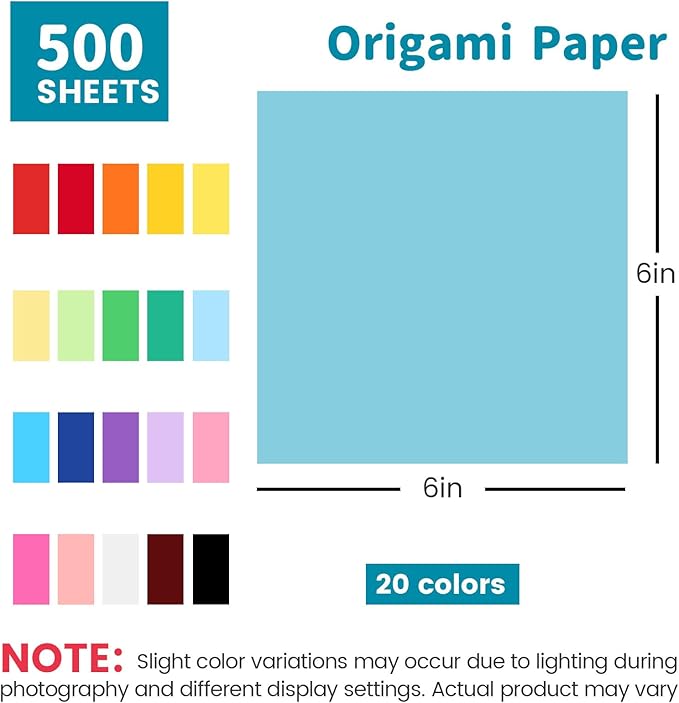 Koogel 500 Sheets Colored Origami Paper, 6 x 6 Inch/ 80gsm Double Sided Square Paper for Beginners, Back to School Supplies, 20 Colors