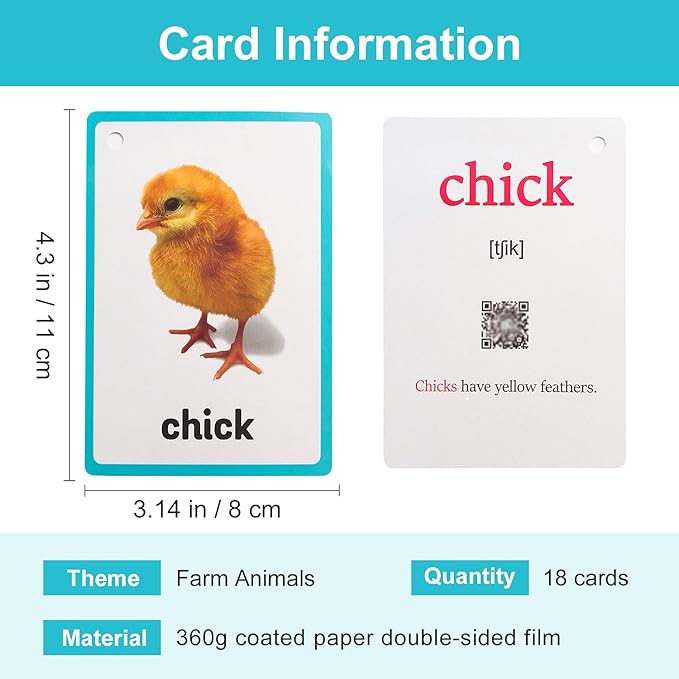 Lilias Farm Animals Flash Cards, Toddler Learning Toys, Preschool Learning Toys, Homeschool Supplies, Learning Supplies for Kindergarten, 4.3 X 3.14 Inch, 18 Cards in Set