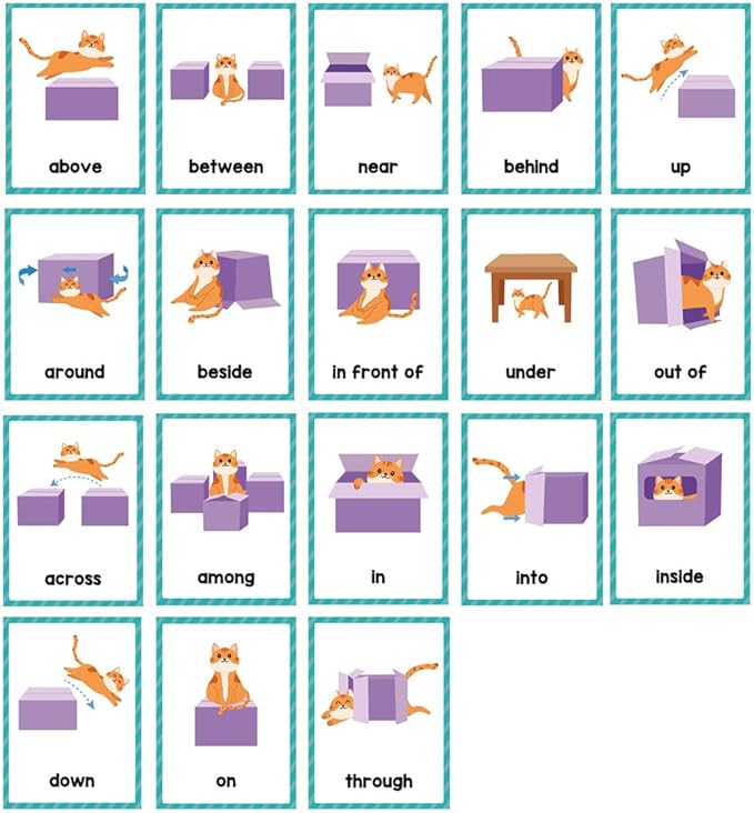 Lachilly Prepositions Flashcards: English Words, High Frequency, Beginning Reading, Kindergarten, Autism, Vocabulary Building, 10 Cards 18 Words