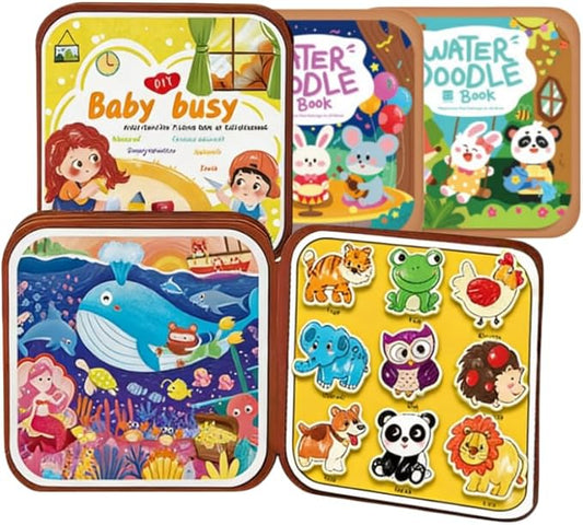 FZRMU Toddler Water Doodle Book Set for Ages 1-3, Mess Free Travel Activity Set with 2 Reusable Water Coloring Books, 1 Sticker Busy Book, Water Pens & Cards, Learning Toy for Car Rides Airplane